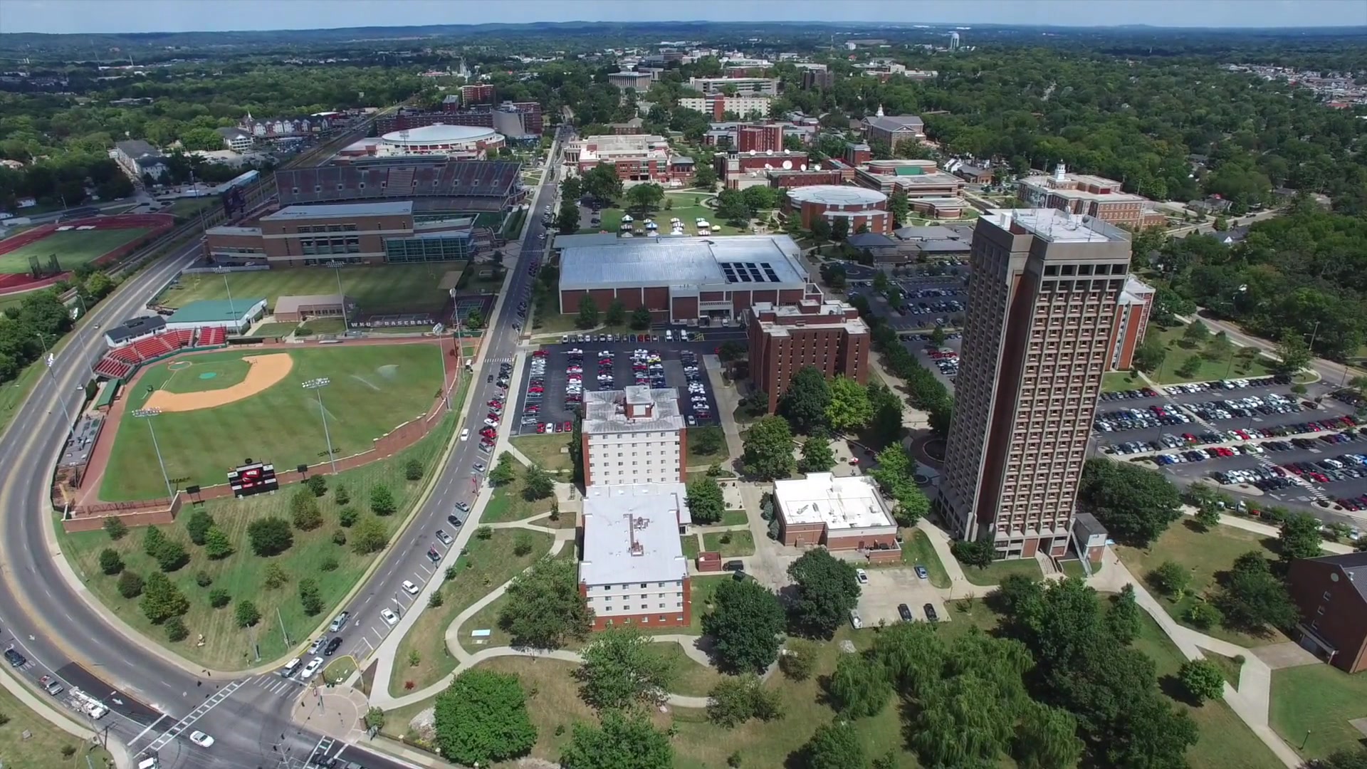 Aerial view of Western Kentucky University campus showcasing beautiful architecture and grounds